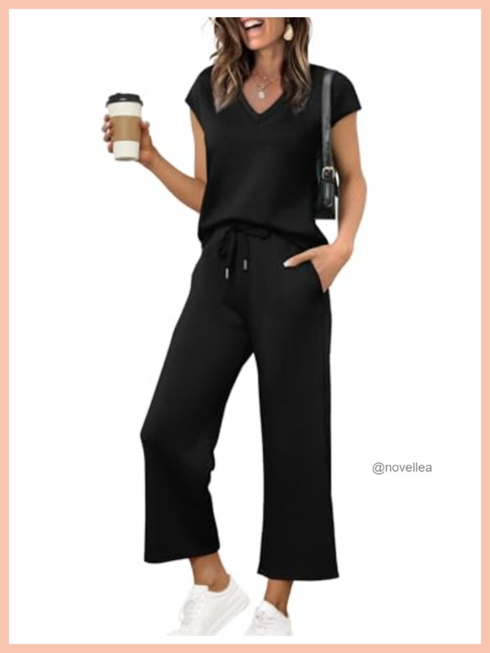 Two Piece Lounge Set V Neck Cap Sleeve Top Wide Leg Pants Vacation Travel Outfit